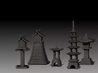 Set Japanese Stone Lantern 02