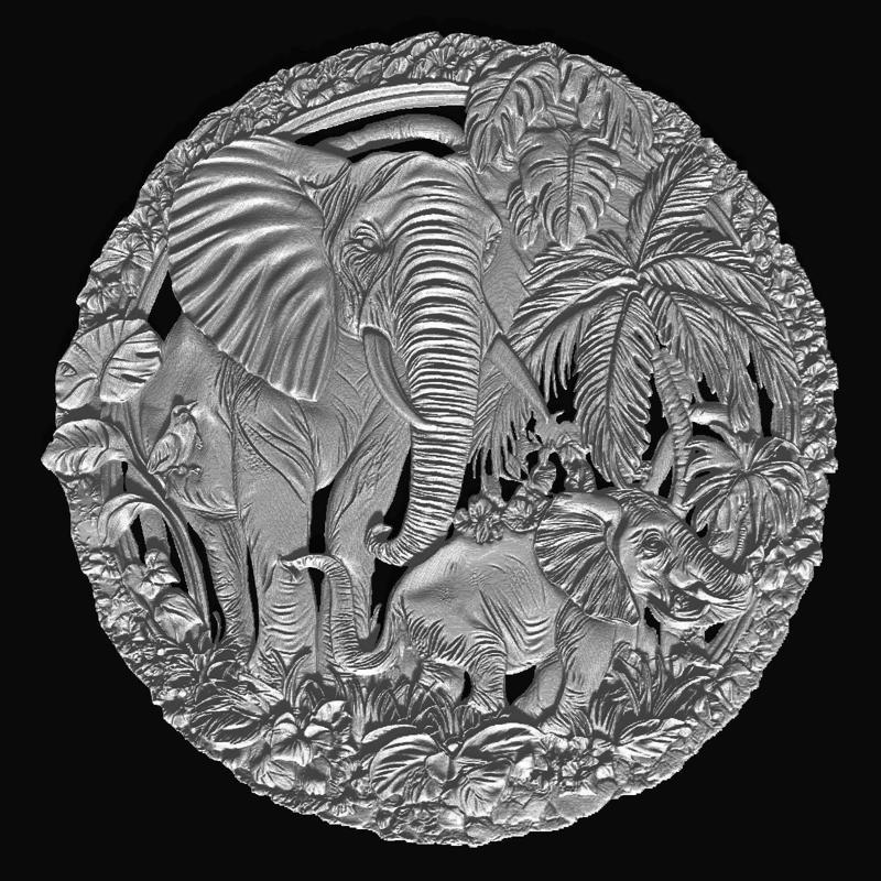 Elephant Family with Palm Trees Sculpture