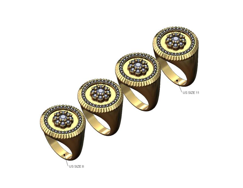 Fluted round cluster diamond signet ring US sizes 8to11 3D print model