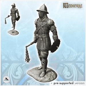 Heavy infantryman with small round shield and metal helmet (31) - Medieval RPG D&D Gothic Feudal Old Archaic Saga 28mm 15mm