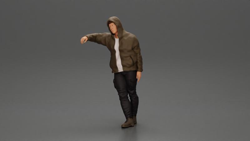 man leaning against the car, wearing an open jacket with hood