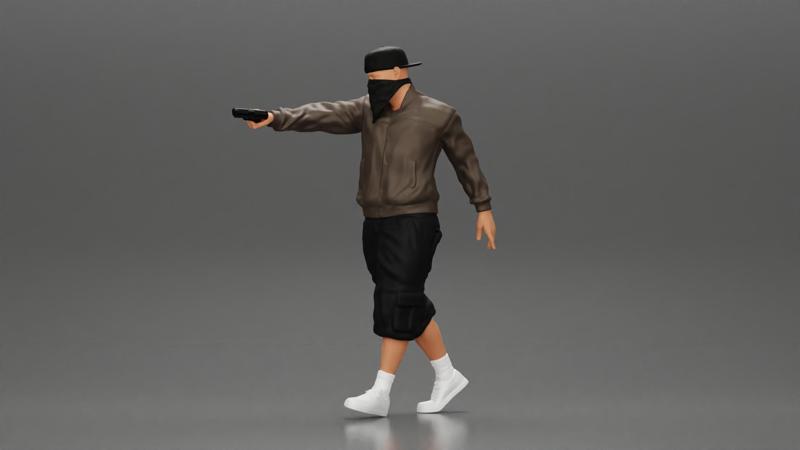 gangster homie in mask walking and holding gun sideways