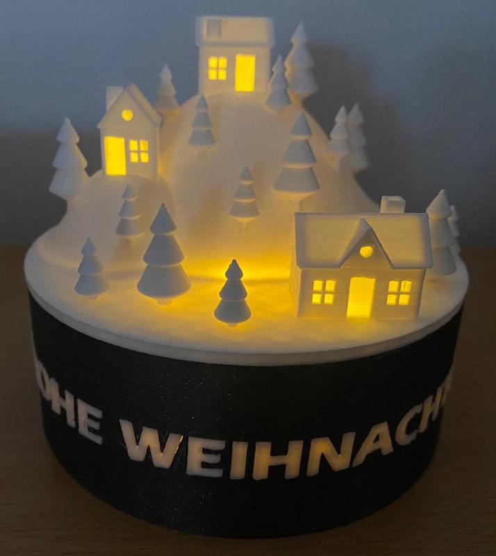 Tiny Winter Village Lantern with christmas greeting (LED-Teelicht Winterdorf)