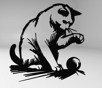 Playful Cat with Yarn Ball - Line Art