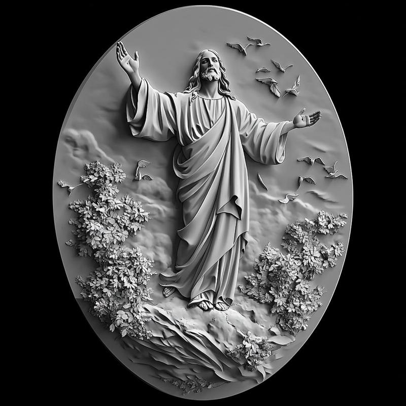 Jesus Christ Blessing Birds Oval Relief Sculpture