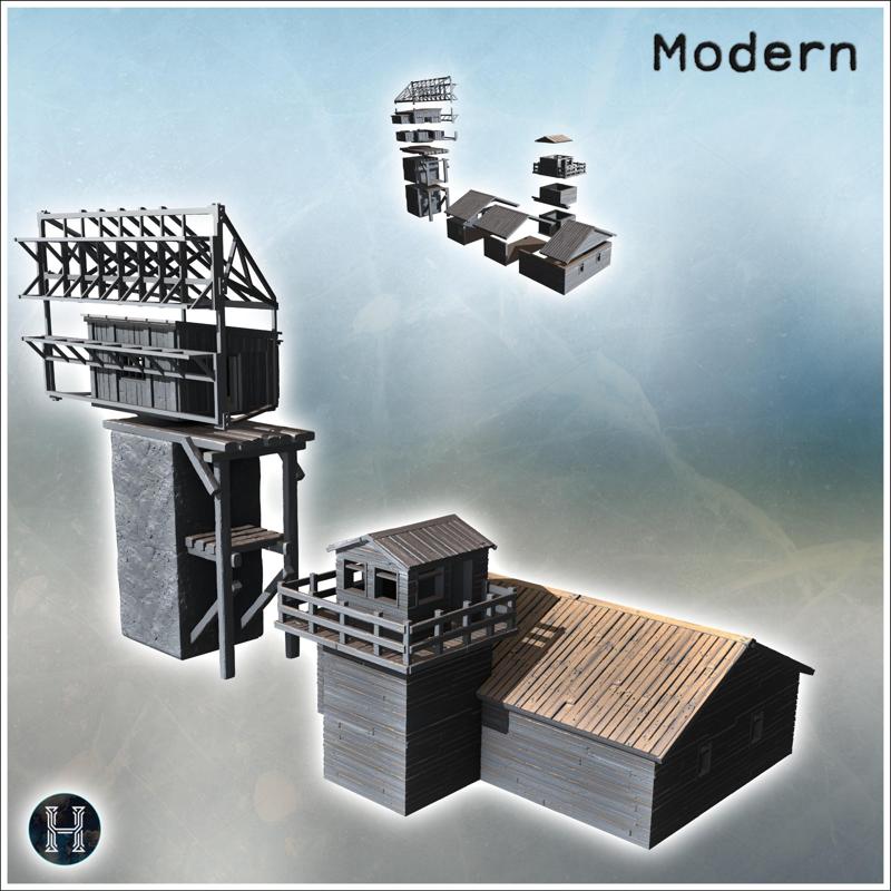 Wooden air tower on a tall stone pillar, adjacent structures with wooden frames (17) - Modern WW2 WW1 World War Diaroma Wargaming RPG Mini Hobby