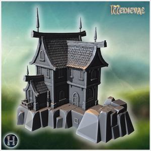 Cliffside pirate house with sturdy wooden beams, steep roofs, and a surrounding fence (14) - Medieval Gothic Feudal Old Archaic Saga 28mm 15mm RPG