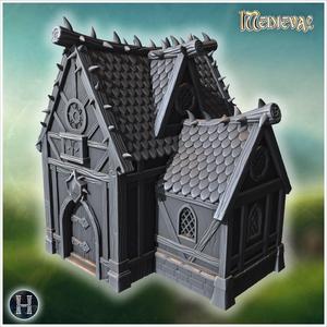 Medieval building with reinforced wooden beams and decorative spiked rooftops (22) - Medieval Gothic Feudal Old Archaic Saga 28mm 15mm RPG