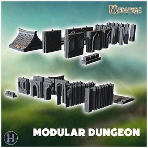 Modular dungeon set with stone walls, archways, floors, and decorative medieval architectural elements (35) - Medieval Gothic Feudal Old Archaic Saga 28mm 15mm RPG