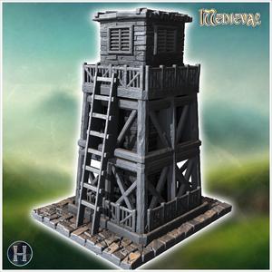 Tall wooden watchtower with ladder access, weathered planks, and a platform with railings on top (26) - Medieval Gothic Feudal Old Archaic Saga 28mm 15mm RPG