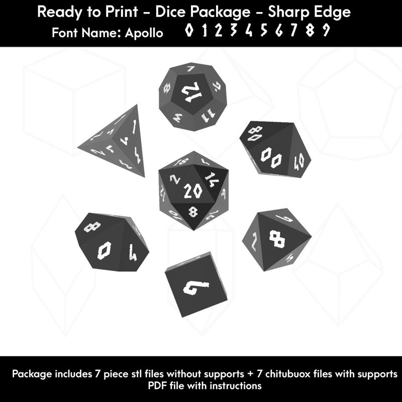 Dice Masters – Ready to Print - 7 Piece Set – Presupported  STL Files for 3D Printing – Featuring  Our Exclusive Apollo Font