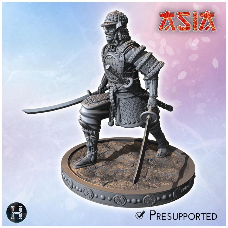 Dual-wielding samurai warrior in combat stance with two katanas (6) - Asian Asia Oriental Angkor Ninja Traditionnal RPG Mini