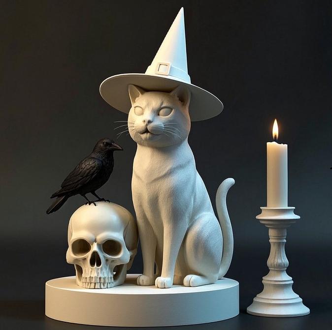 2020 Witch Cat Composition - Skull, Raven & Candleholder on Shared Ivory Base, magic, dragon, serpent, mask, gnome, gorgon, venetian carnival, wild, fox, monster, cat, fair, witch, werewolf, horror, beast, snake, troll, skeleton dance