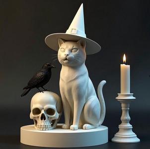 2020 Witch Cat Composition - Skull, Raven & Candleholder on Shared Ivory Base, magic, dragon, serpent, mask, gnome, gorgon, venetian carnival, wild, fox, monster, cat, fair, witch, werewolf, horror, beast, snake, troll, skeleton dance