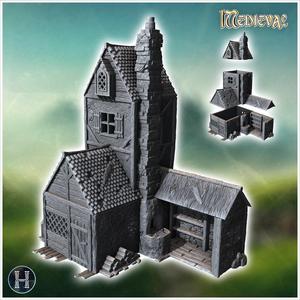 Large medieval building with canopied outdoor fireplace, high oriel and wood pile (6) - Medieval Gothic Feudal Old Archaic Saga 28mm 15mm RPG