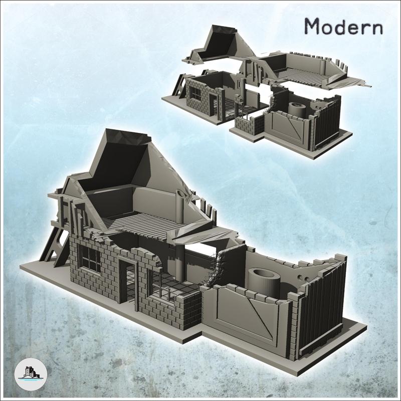 Two-storey brick factory with chimney and steel beam (destroyed version) (6) - Modern WW2 WW1 World War Diaroma Wargaming RPG Mini Hobby