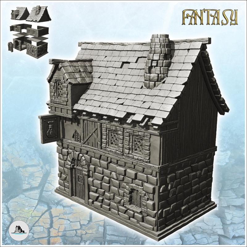 Potions and remedies store with sign, window and fireplace (15) - Medieval Gothic Feudal Old Archaic Saga 28mm 15mm