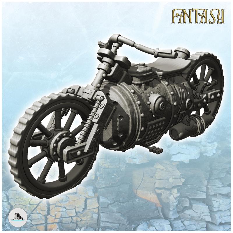 Steampunk motorcycle with curved handlebars and large central engine (5) - Future Sci-Fi SF Post apocalyptic Tabletop Scifi Wargaming Planetary exploration RPG Terrain
