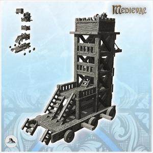 Wooden siege tower with six wheels and multiple floors (15) - Medieval Gothic Feudal Old Archaic Saga 28mm 15mm