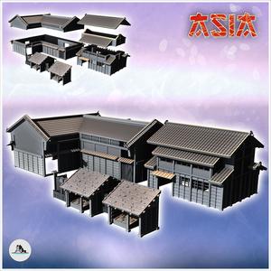 Set of two large Asian tiled roofed buildings with two market stalls (4) - Asian Asia Oriental Angkor Ninja Traditionnal RPG Mini