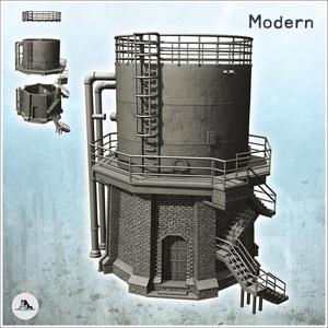 Round metal tank with pipes, access stairs and base platform in bricks (22) - Modern WW2 WW1 World War Diaroma Wargaming RPG Mini Hobby