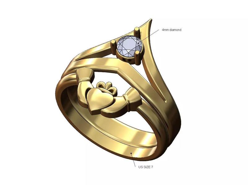 Claddagh guard 4mm  V crown diamond solitaire ring US size 7