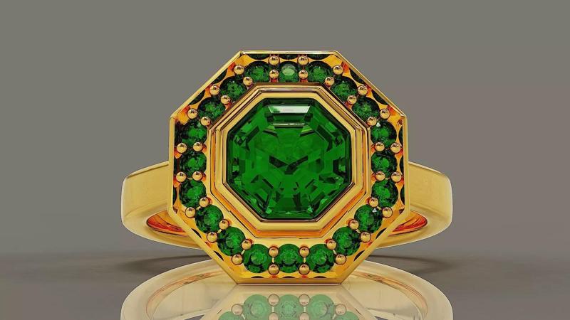 Cathedral style bezel set octagon shape diamond halo ring