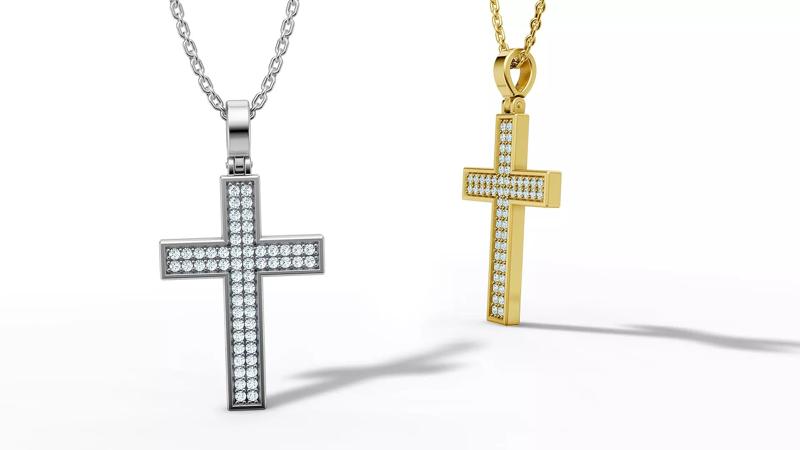 2 Row Diamond Cross Necklace Pendant 27mm Height
