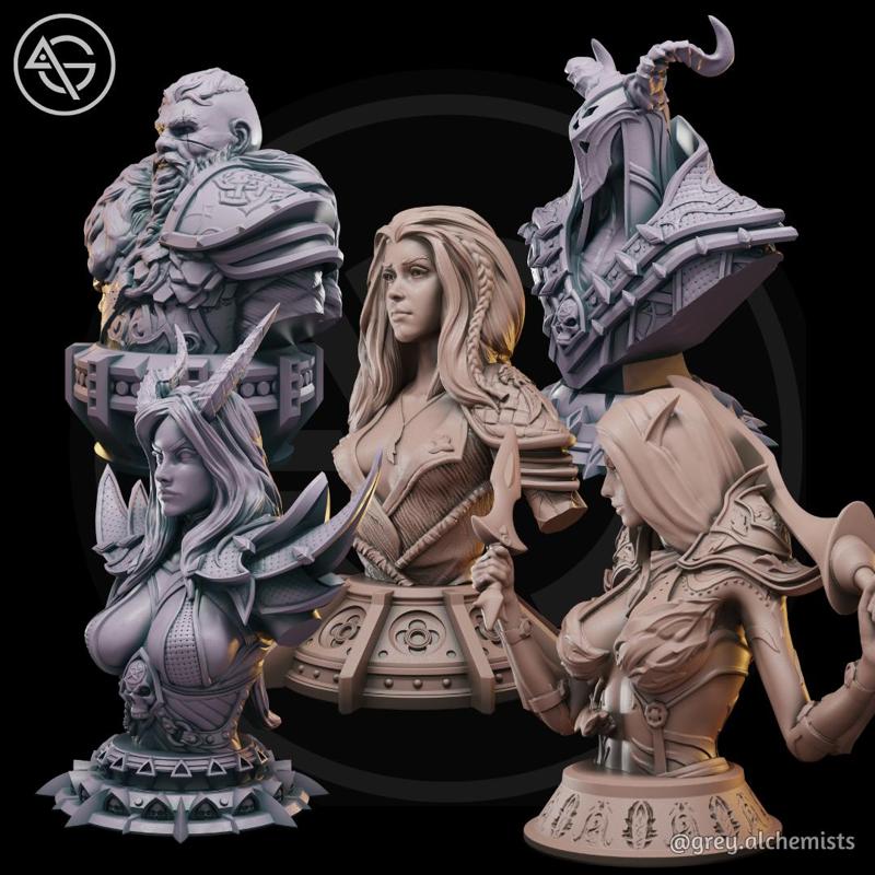 Miniature Busts for Painting Bundle - Five Unique Fantasy Characters Busts - DnD Minis -  90mm Height - DnD STL (Pre-Supported)