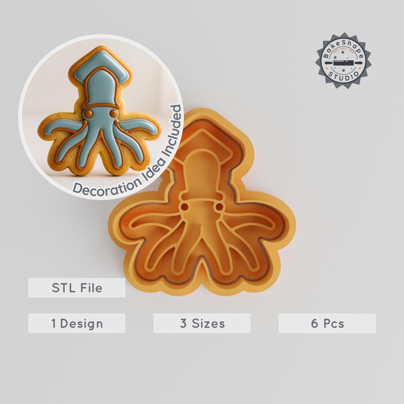 Squid Shape Cutter & Stamp Set, Cookie & Fondant Designs, 6 Pieces, Octopus, Sea Creature, Marine Life