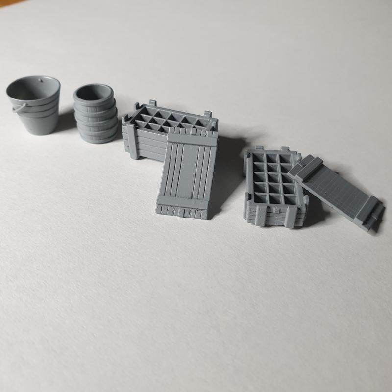 Barrel, bucket, crate.