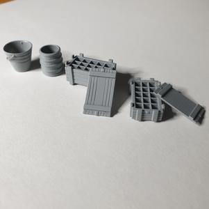 Barrel, bucket, crate.