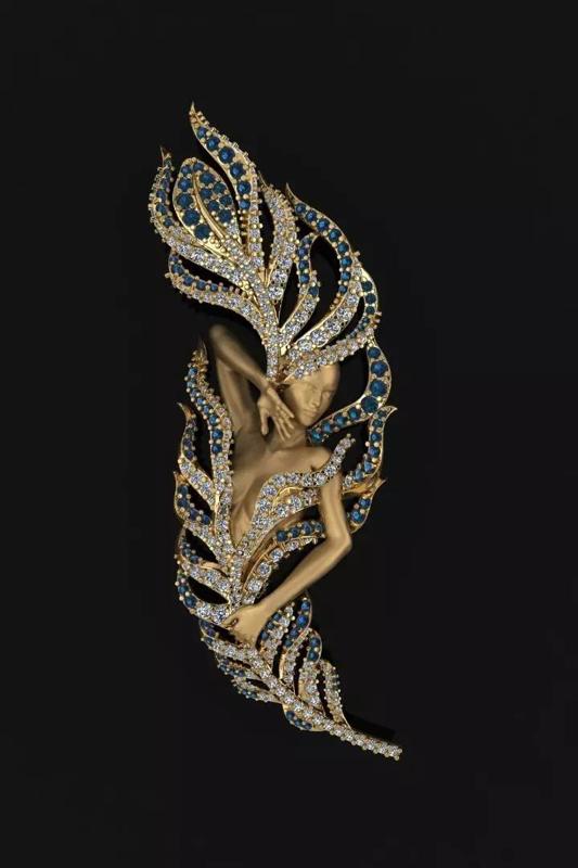 Magerit feather brooch with diamonds and sapphires