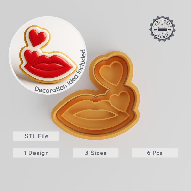 Romantic Lips Cookie Cutter & Stamp Set, Love & Kiss Design, Perfect for Fondant, 6-Piece Bundle, S/M/L Sizes