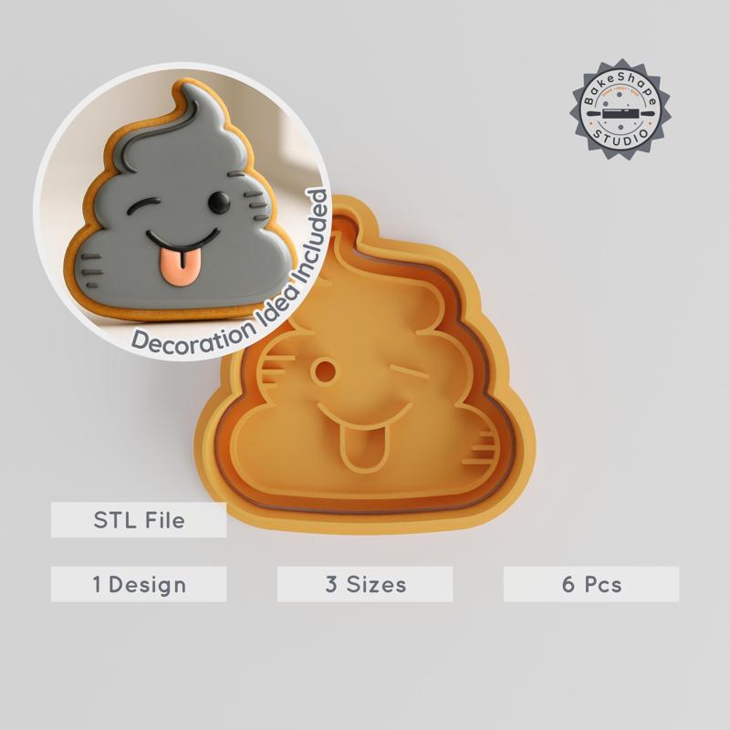 Funny Poop Emoji Cookie & Fondant Cutter Stamp Set, 6 Pieces, Playful Feces Design, Sizes S/M/L