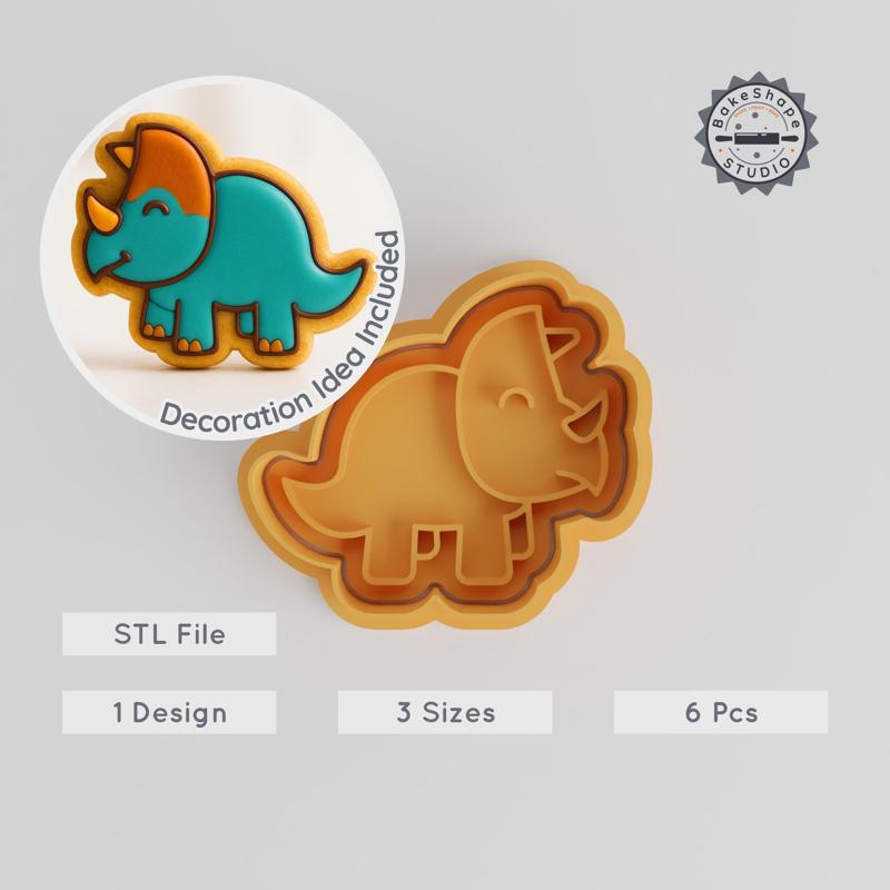 Dinosaur Shape Cutter & Stamp Set, Styracosaurus Design, Cookie & Fondant, 3 Sizes, Prehistoric Jurassic Baking Tools