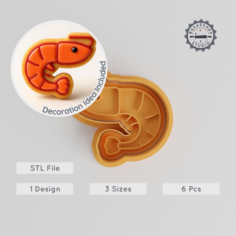 Shrimp Cookie Cutter & Stamp Set, Animal Sealife Shape, 3 Sizes S/M/L, Perfect for Cookies & Fondant