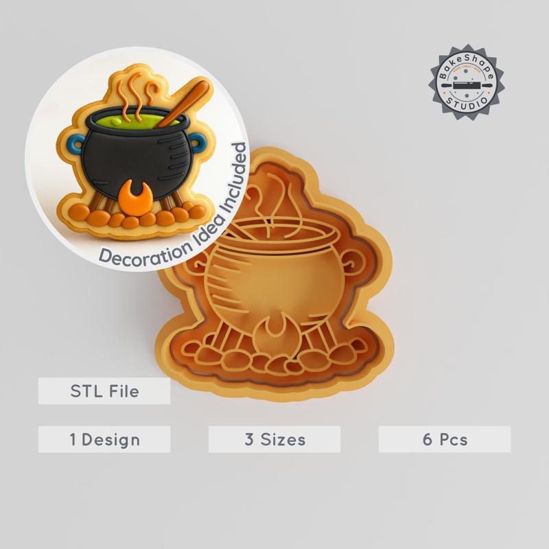 Cauldron Cookie Cutter & Stamp Set, Magic Pot, Halloween Theme, 6-Piece, Includes S/M/L Sizes