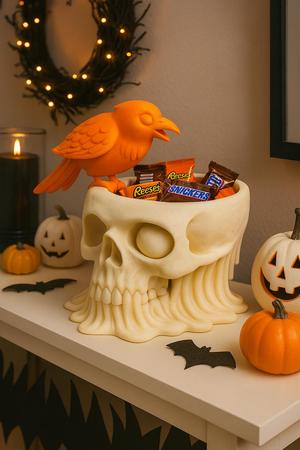 Skull & Raven Halloween Candy Bowl – Spooky 3D Printed Decor
