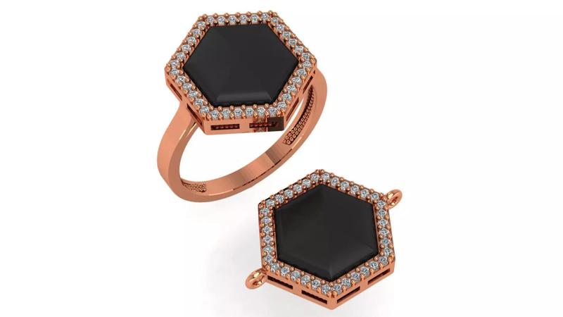 Hexagonal Black Enamel Paint Ring Necklace Set