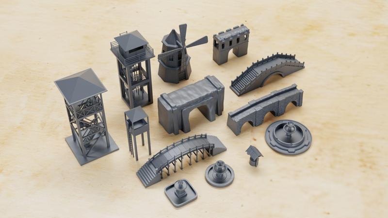 BOLT ACTION - Bridges, Fountains, Towers, Windmill, Well (scale 1:56)