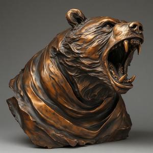 Power and Artistry Combined: Detailed Bronze Sculpture of a Roaring Bear, Featuring a Fierce Expression and Flowing, Cloak-like Fabric