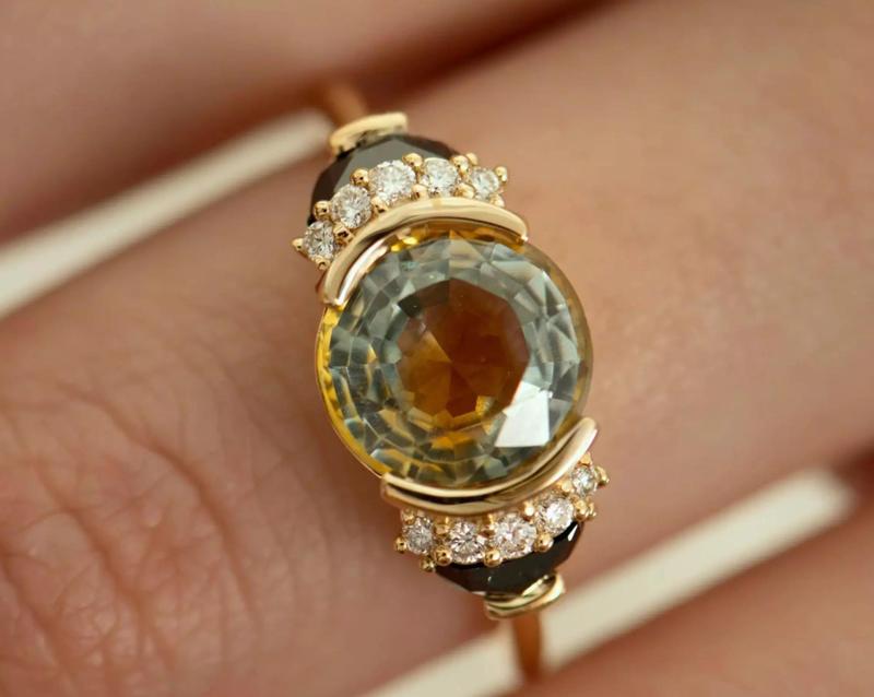 Round Sapphire with Half Moon Diamond Engagement Ring