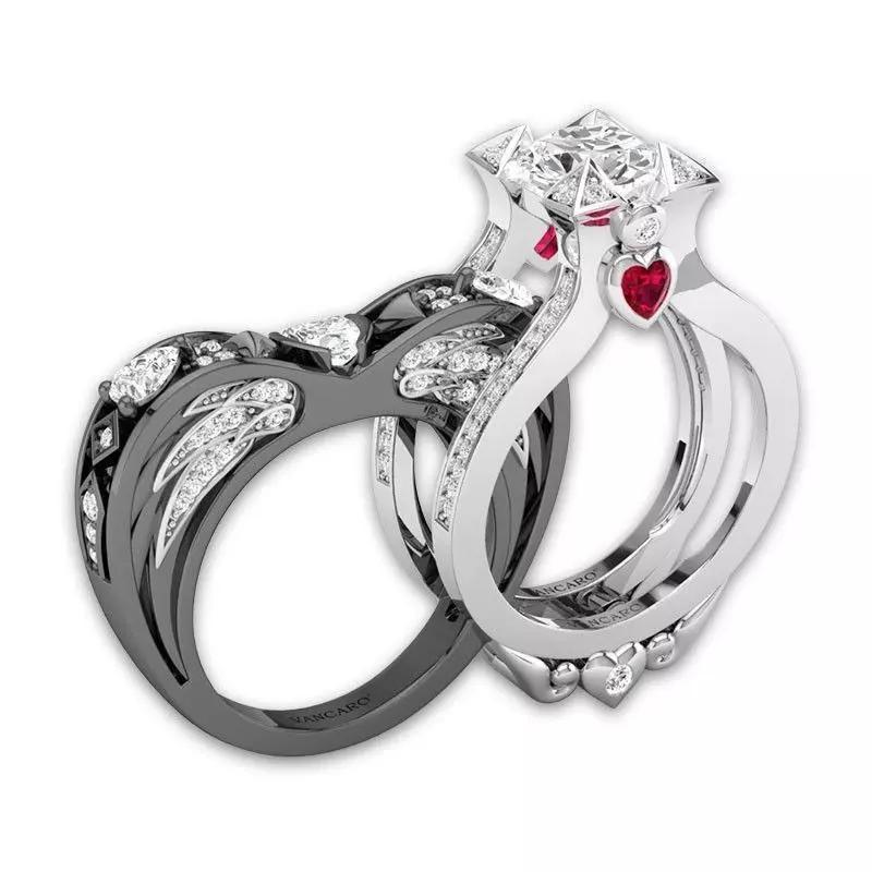 Round Cut Ring Enhancer and Heart Angel Wing Ring Set In Black