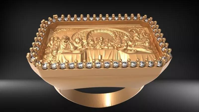 Last Supper Jesus Christ Signet Ring 26x17 mm with Diamonds