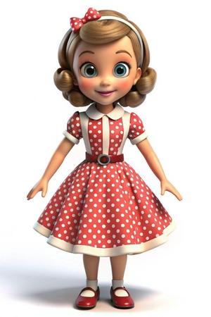 1950s Style 3D Cartoon cute Girl doll with Retro Dress