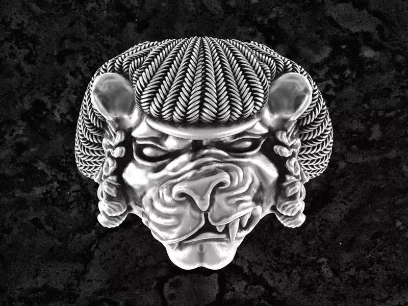 Lion-hat bulldog head ring in sterling silver