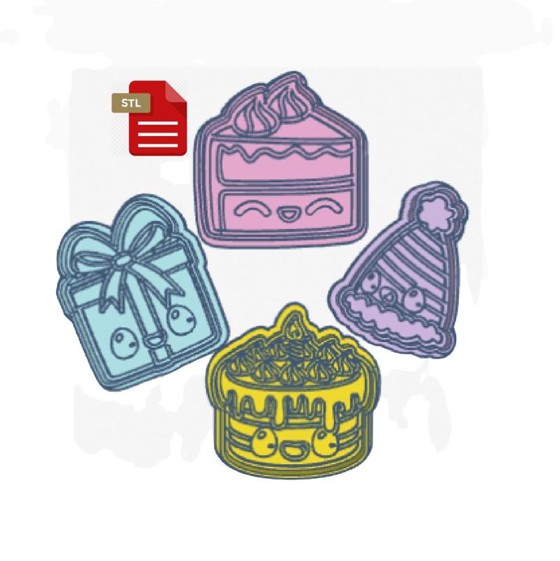 Set of 4 Birthday Theme Cookie Cutter and Stamps