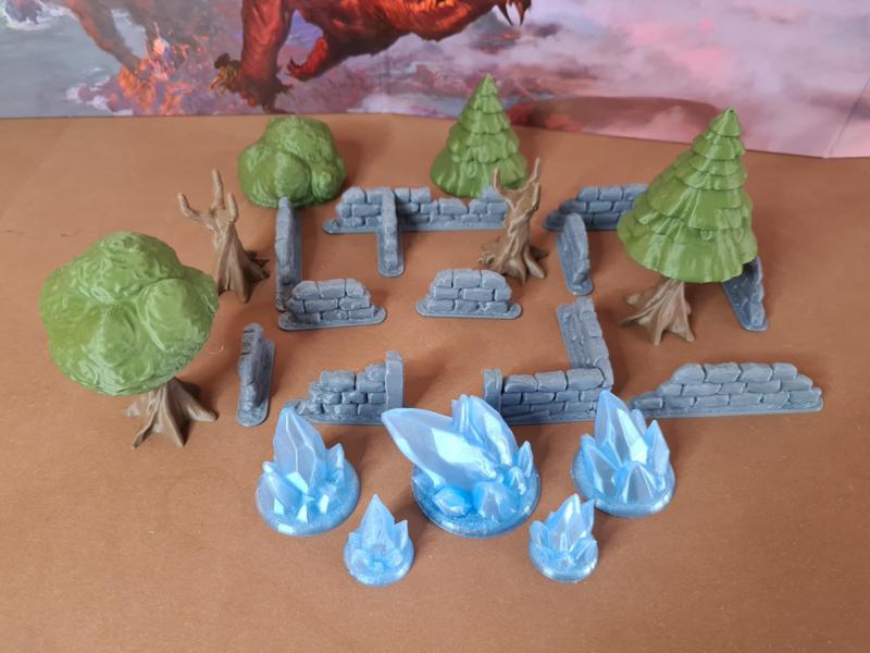 Tabletop terrain set with modular trees, stone walls, and (ice) Crystals for 28mm TTRPG