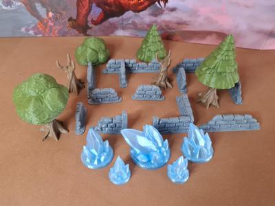 Tabletop terrain set with modular trees, stone walls, and (ice) Crystals for 28mm TTRPG